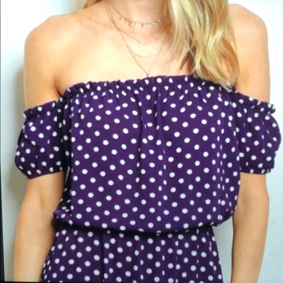 Purple and white polka dot off shoulder dress - Picture 3 of 7